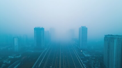 Polution in city, A foggy urban landscape obscures buildings and streets, highlighting the impact of pollution and weather on city life.
