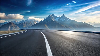 Fototapeta premium Asphalt road curving gently towards majestic snow-capped mountains under a vibrant sky
