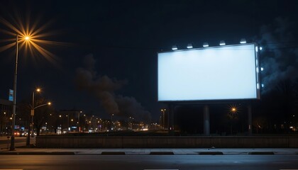 Illuminated Billboard Stands Tall Beside Night Road