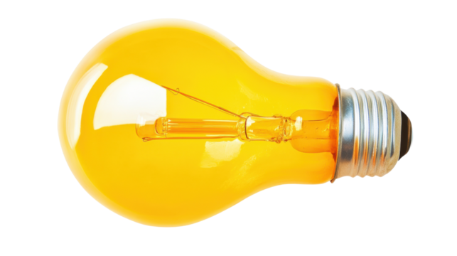 Bright yellow light bulb shining on transparent background