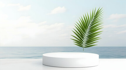 Fototapeta premium Tropical palm leaf on white podium by ocean; summer product display background