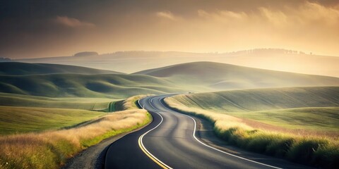 Fototapeta premium Serene Asphalt Road Winding Through Rolling Green Hills at Sunrise