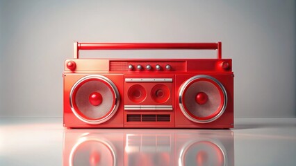 Fototapeta premium A vibrant red boombox reflects on a sleek, minimalist surface, a nostalgic symbol of portable music