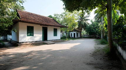 Tropical village houses, sunny courtyard, lush greenery, peaceful scene; ideal for travel brochures