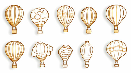 Naklejka premium Twelve gold hot air balloon illustrations; travel, adventure concept; white background; design elements