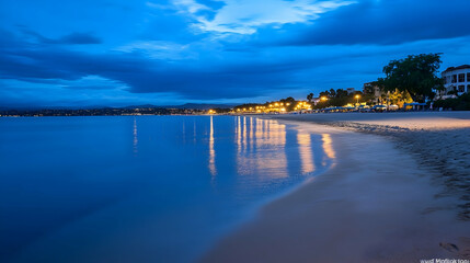 Twilight beach scene; coastal town lights reflected in calm sea; perfect for travel or relaxation brochures