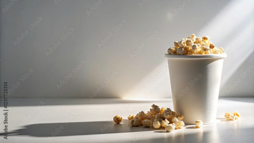 Poster a white cup overflowing with delicious popcorn sits on a table in sunlight, with a few kernels scatt