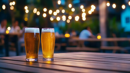 Two beers on patio table at night, outdoor restaurant, string lights, people dining