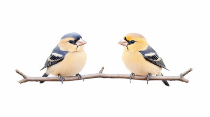 Fototapeta premium Two birds perched on a branch against a white background; perfect for nature, wildlife, or pet-related projects