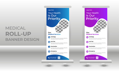 Healthcare and medical agency Corporate roll up banner design or pull up banner template and stand design, advertisement, flyer design, display vector illustration.