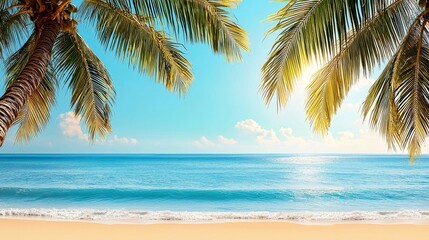Fototapeta premium Tropical Beach Paradise: Idyllic Summer Vacation Getaway. Palm Trees, Azure Ocean, and Golden Sand. Perfect Relaxation and Escape