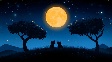 Two cats gazing at a full moon under a starry night sky, hills in background; ideal for peaceful, romantic themes
