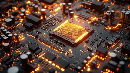Close-up view of a glowing microchip surrounded by intricate circuitry and components