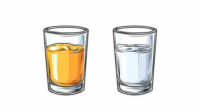 Two glasses of liquid, one orange juice and one water, on white background; ideal for health or beverage websites