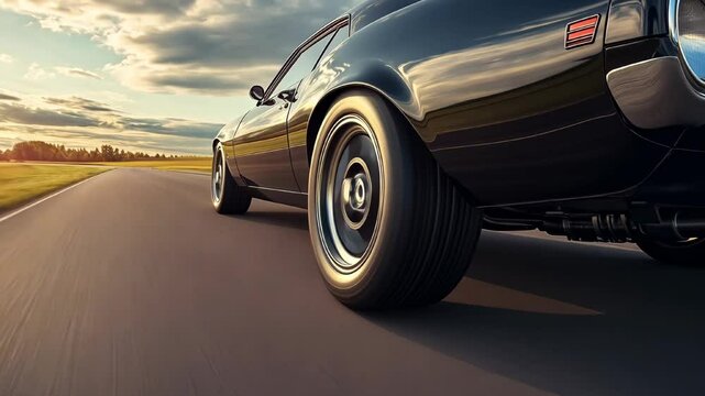 Black vintage muscle car driving on a empty road