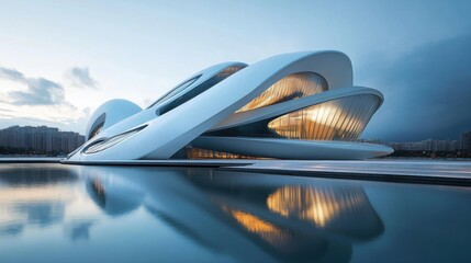 Modern Architectural Marvel with Fluid Design Reflected in Water at Dusk, Showcasing Innovative Lines and Dynamic Shapes in a Breathtaking Urban Setting
