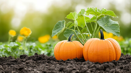 Two small pumpkins growing in a garden, sunny day, background blurred