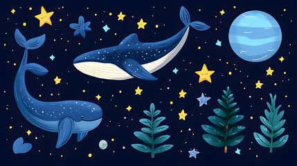 Two whales swimming among stars and planets; space-themed children's illustration
