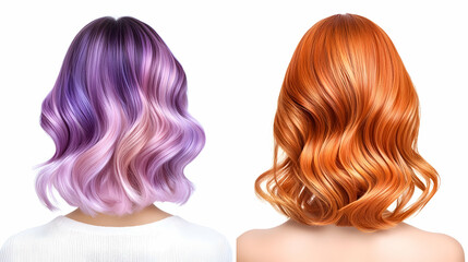 Two women, back view, showcasing vibrant purple and copper hair colors, against a white background; ideal for hair salons and beauty websites