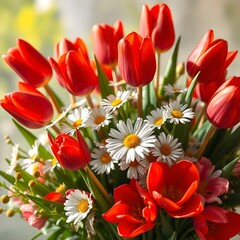 Red tulips and daisies bouquet, close-up
