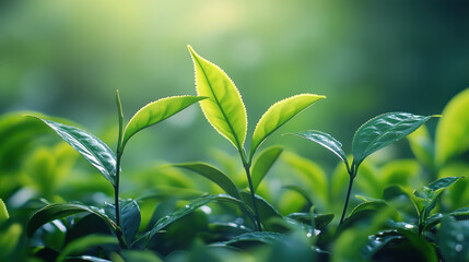 Obraz premium Fresh green tea leaves glistening in sunlight, showcasing nature beauty