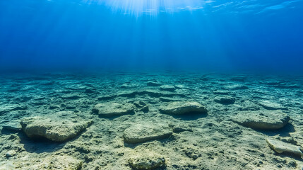 Fototapeta premium Underwater ocean floor, sun rays, sandy seabed, stones, tranquil scene. Ideal for travel, nature documentaries