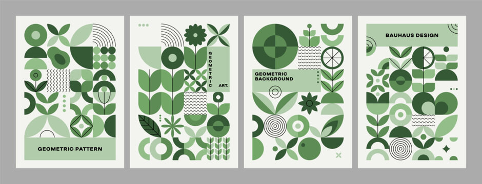 Fototapeta Green plant geometric posters. Abstract minimal mosaic leaf flower ornament, creative bauhaus scandinavian tile composition. Vector brochure flyer design set