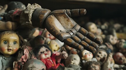 Broken Wooden Puppet Hand Reaching from Discarded Doll Pile, Unsettling Composition