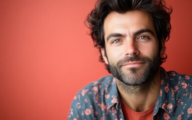Fototapeta premium A man with a mustache and a floral shirt is smiling