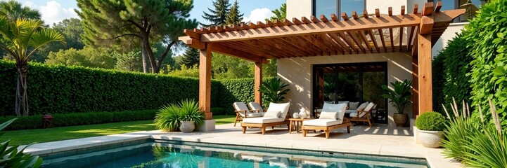 A serene backyard oasis featuring a pool and comfortable lounge chairs under a pergola.