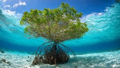 underwater photograph of a mangrove tree in clear tropical waters with blue sky in background near staniel cay exuma bahamas