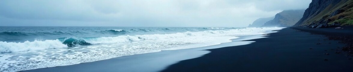Obraz premium A serene black sand beach with crashing waves under a moody sky.