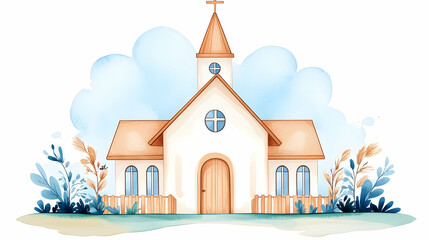 Watercolor church illustration, peaceful setting, floral background, wedding invitation design