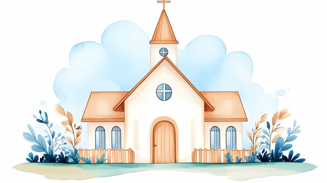 Watercolor church illustration, peaceful setting, floral background, wedding invitation design