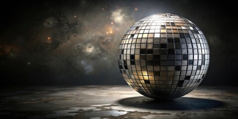 Obraz premium Reflective Sphere on Weathered Surface with a Cosmic Background