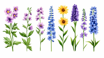 Obraz premium Watercolor wildflowers collection; summer meadow flowers; botanical illustration; design elements; for textile, cards