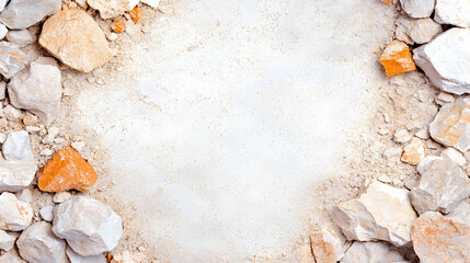 White and orange rocks frame, textured background. Ideal for construction, geology, or nature themes