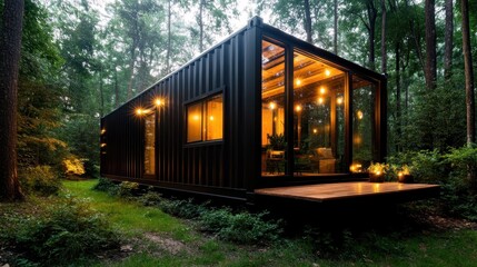 Obraz premium A striking black container house harmoniously integrated into a lush forest, featuring large windows that radiate a warm glow, creating a serene living environment.