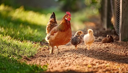 Fototapeta premium outside chickens bird with small chicken taking walks in the backyard