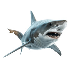 Great white shark swimming underwater with sharp teeth and powerful body