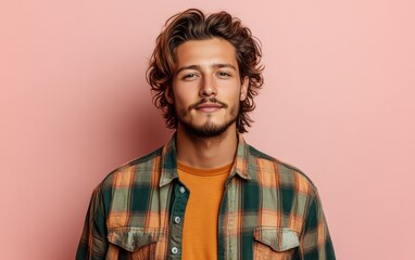 Fototapeta premium A man with a mustache and a floral shirt is smiling