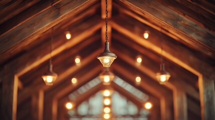 Obraz premium Elegant Light Fixture Hanging Gracefully from a Rustic Wooden Ceiling Enhancing the Warm Ambiance of a Cozy Interior Space in a Charming and Inviting Timber Structure Design