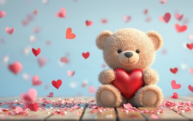 Adorable Valentines Day teddy bear holding a heart, surrounded by floating petals, and a blank message area