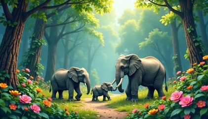 A serene scene of elephants roaming in a lush forest filled with vibrant flowers.