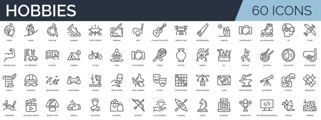 Set of 60 outline icons related to hobby.  Linear icon collection. Editable stroke. Vector illustration	