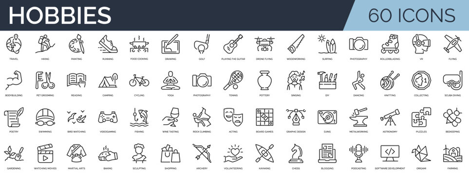 Set of 60 outline icons related to hobby.  Linear icon collection. Editable stroke. Vector illustration	