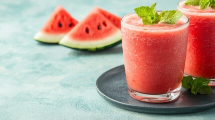 Refreshing Cold Watermelon Coconut Water Smoothie in Glasses