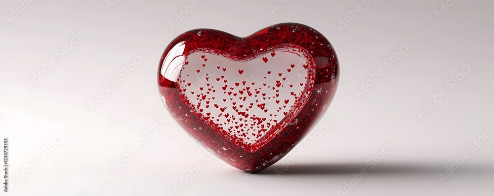 Fototapete A heart-shaped snow globe with tiny red hearts floating inside, resting on a solid white background