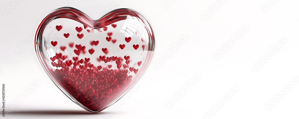 Fototapete a heart-shaped snow globe with tiny red hearts floating inside, resting on a solid white background