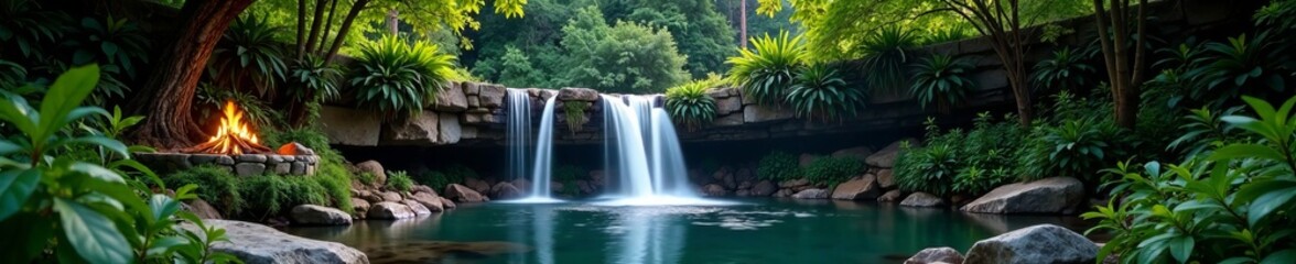 Fototapeta premium A serene waterfall surrounded by lush greenery and tranquil water, perfect for nature lovers.